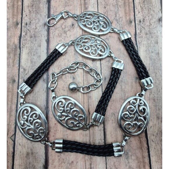 Ladies Silver Tone & Black Faux Leather Chain Belt Oval Swirl Size S Western - Picture 3 of 5